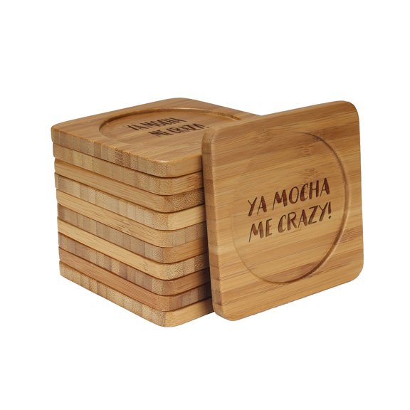 Engraved Square Bamboo Coaster - Coffee/Tea Themed- Yo Mocha Me Crazy! - 4 Coasters