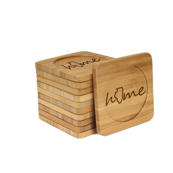 BambooMN Laser Engraved Coasters - Home w/State - Style 1 - Square - Illinois - 100 Units