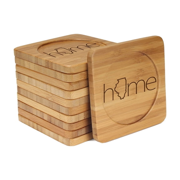 BambooMN Laser Engraved Coasters - Home w/State - Style 2 - Square - Illinois - 4 Units