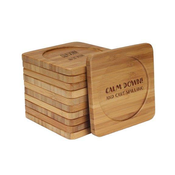 BambooMN - Laser Engraved Coasters - Simple Phrases - Square - Calm Down and Quit Spilling - 4 Units