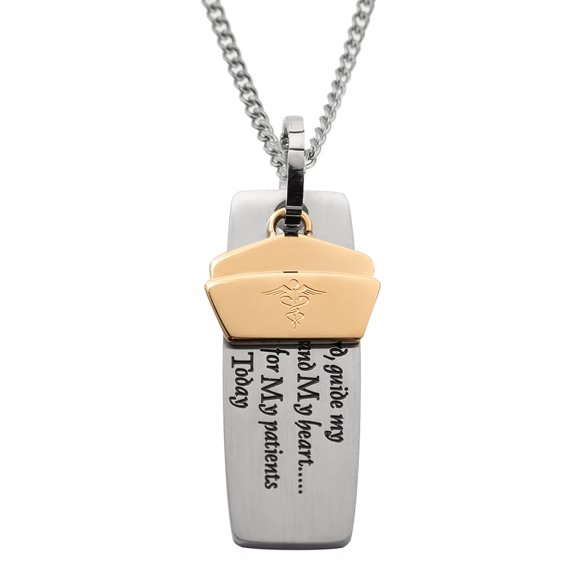 Engraved Stainless Steel Nurse's Prayer Pendant Necklace with Gold IP Plated Charm