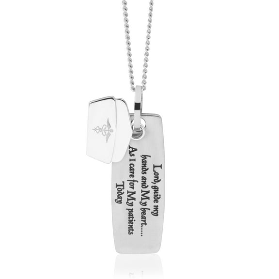 Engraved Stainless Steel Nurse's Prayer Pendant Necklace with Steel Nurse Hat Charm