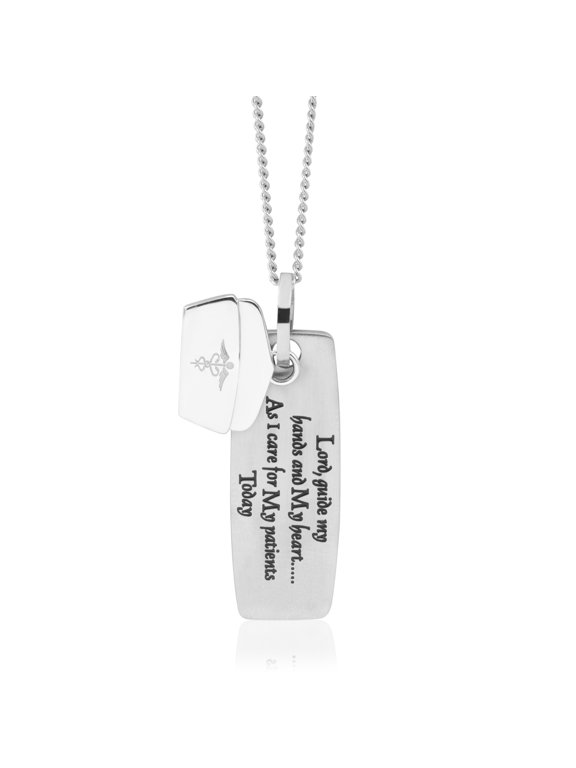 Engraved Stainless Steel Nurse's Prayer Pendant Necklace with Steel Nurse Hat Charm