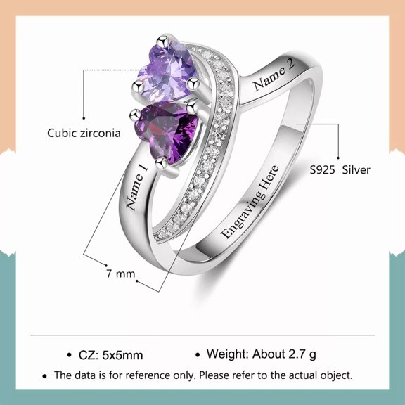 Engraved Sterling Silver Birthstone Ring - Custom Name Jewelry & Special Gift Ideas with Cubic Zirconia, 14K White Gold Over Sterling Silver