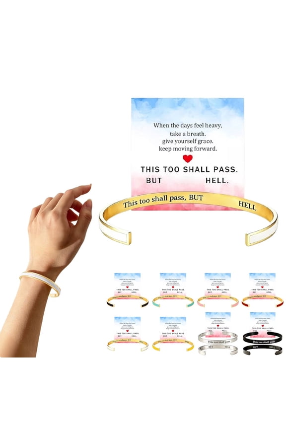 Engraved This Too Shall Pass Cuff Bracelet for Women, Stainless Steel Mantra Bangle with Hidden Inspirational Message