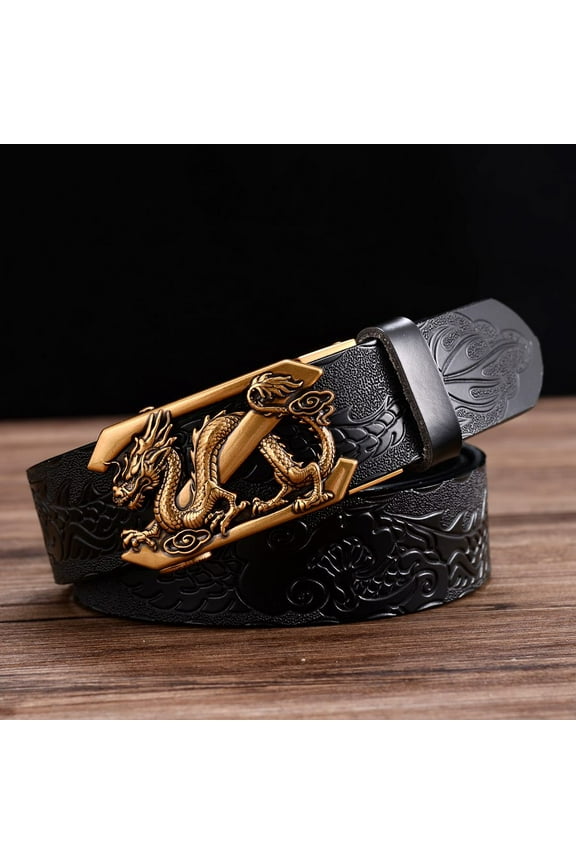 Engraved Vintage Dragon Head Automatic Buckle Alloy Men’S Genuine Leather Dress Belt Fashion Male Waistband New Automatic Buckle Strap Width:1.14in
