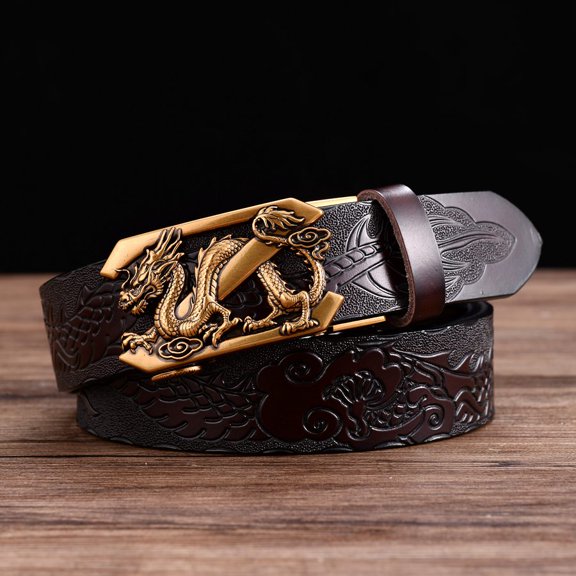 Engraved Vintage Dragon Head Automatic Buckle Alloy Men’S Genuine Leather Dress Belt Fashion Male Waistband New Automatic Buckle Strap Width:1.14in