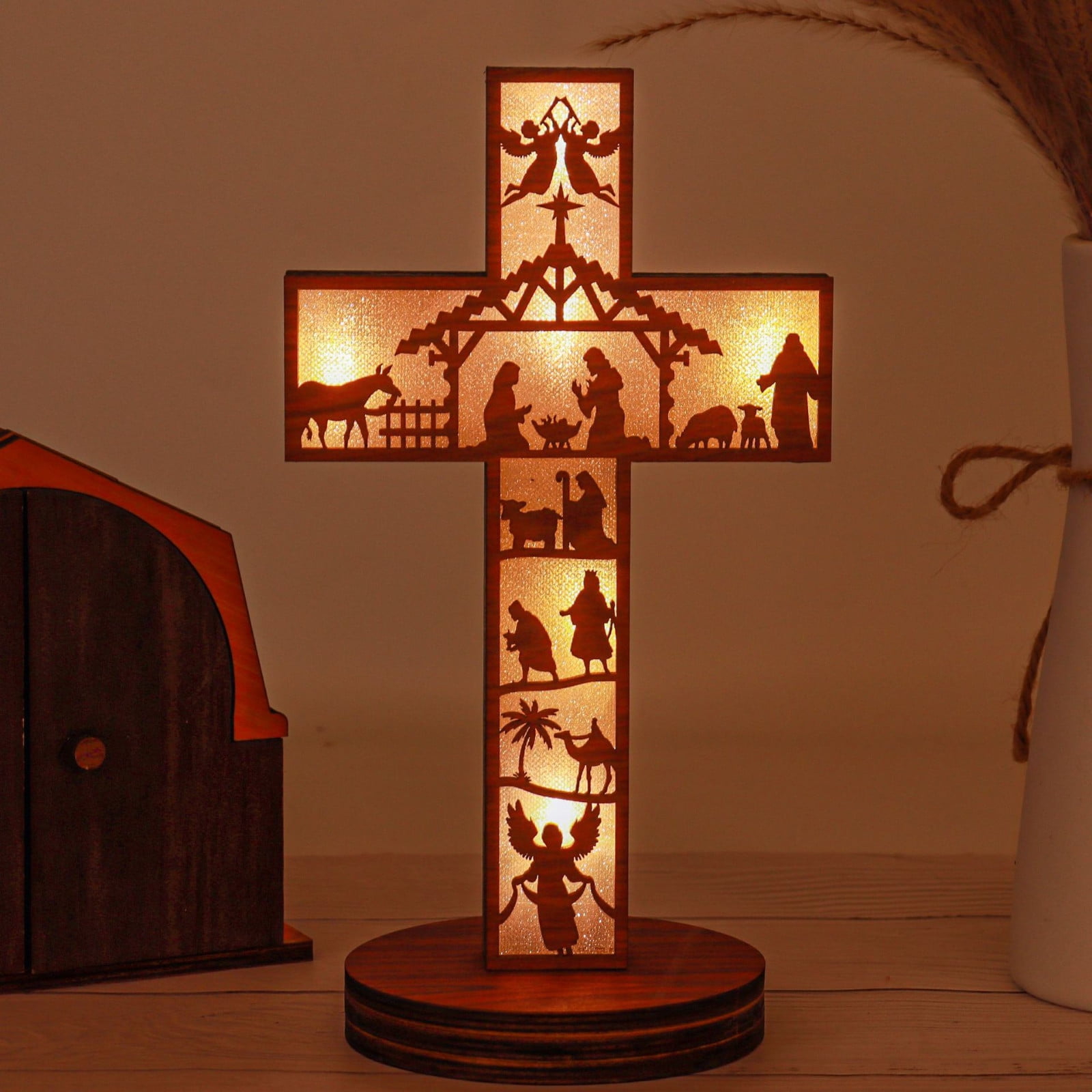 Nativity Stand Engraved Wood Nativity Scene Book Display Stand-11 Inch Lighted ...