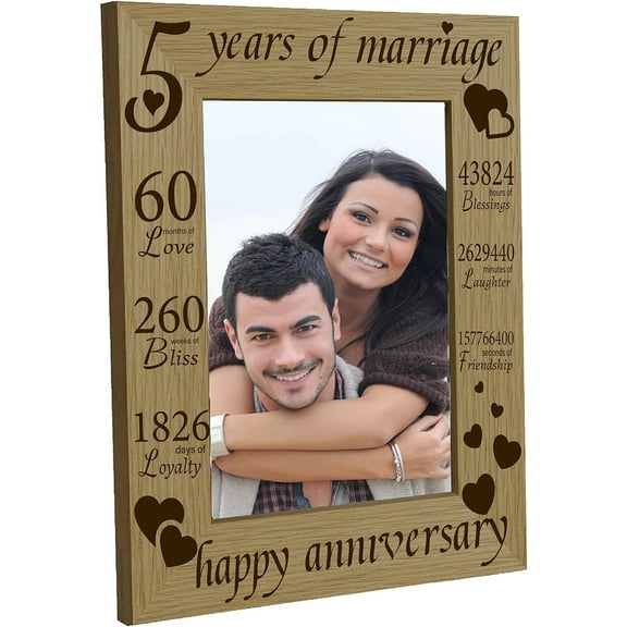 Engraved Wood Picture Frame 4 x 6 Photo Anniversary Frames Display Wooden Tabletop Postcard Frame For Hanging Wall Gallery Birthday Valentine's Day Home Gifts Desk Decor-5 Years of Marriage DIY