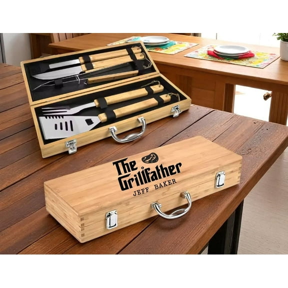 Engraved Wooden Barbecue Set - 5-Piece Custom Grill Tools - Fathers Day, Wedding Gift - 5-Piece BBQ Accessories - Perfect Grill Gift
