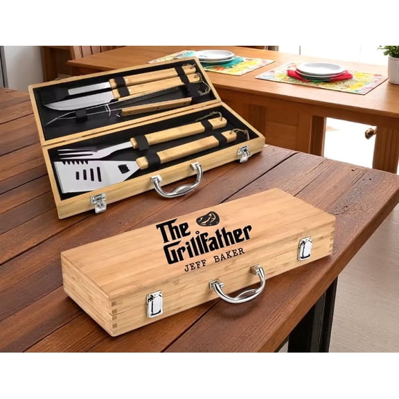 Engraved Wooden Barbecue Set - 5-Piece Custom Grill Tools - Father’s Day, Wedding Gift - 5-Piece BBQ Accessories - Perfect Grill Gift