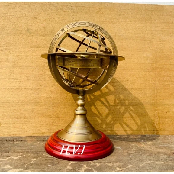 Engraved Zodiac Armillary Sphere  Brass Astrolabe Globe with Wooden Stand | Vintage Table Decor