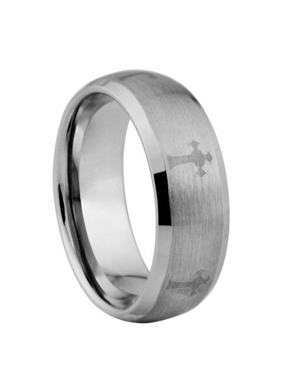 Engraved by Laser with Crosses Tungsten ring - crushed style - 8mm wide - many sizes available - 10
