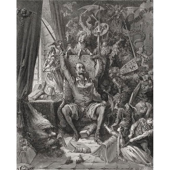 Engraving By Gustave Dore 1832-1883 French Artist And Illustrator Of Don Quixote Amongst His Books In His Library From D