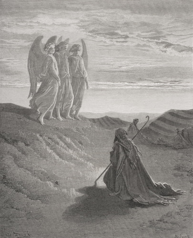 Engraving From The Dore Bible Illustrating Genesis Xviii 1 To 8 Abraham And The Three Angels By Gustave Dore 1832-1883 French Artist And Illustrator Canvas Art - Ken Welsh Design Pics (14 x 17)