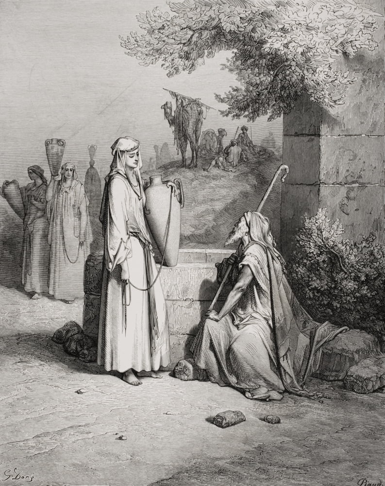 Engraving From The Dore Bible Illustrating Genesis Xxiv 15 To 21 Eliezer And Rebekah By Gustave Dore 1832-1883 French Artist And Illustrator Canvas Art - Ken Welsh  Design Pics (26 x 34)