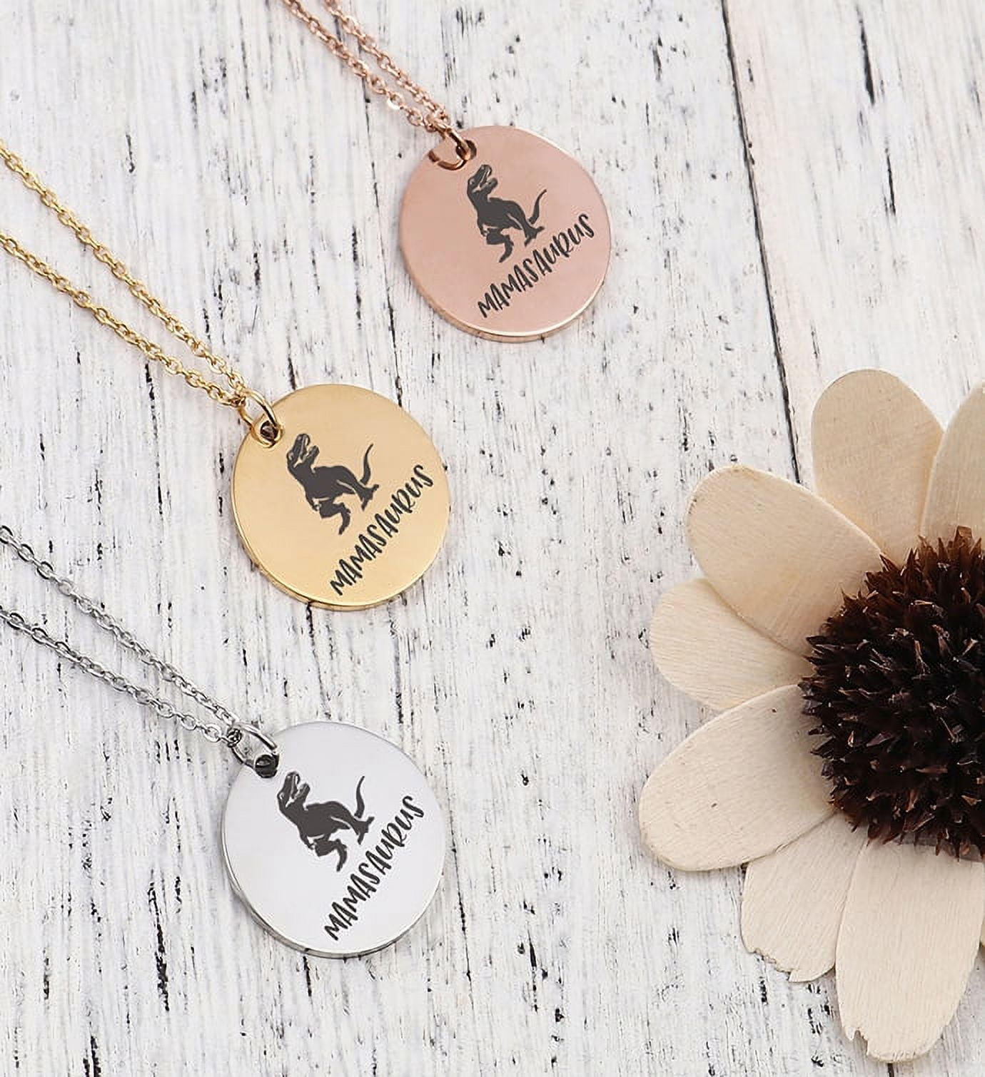 Engraving Mamasaurus Round Necklace, Personalized Mother's Day Jewelry for Her Gift, Custom Mother's Day Present for Her, Mom to Be Mother's Day Present, Dinosaur Round Necklace [Rose Gold]