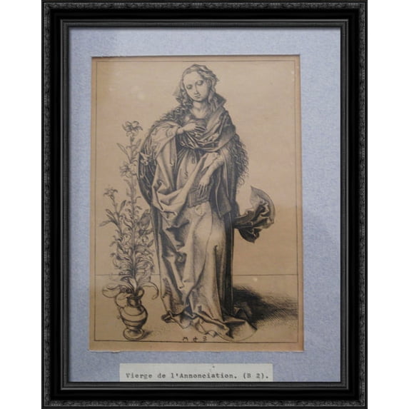 Engraving on copper of the Annunciation 28x36 Large Black Ornate Wood Framed Canvas Art by Martin Schongauer