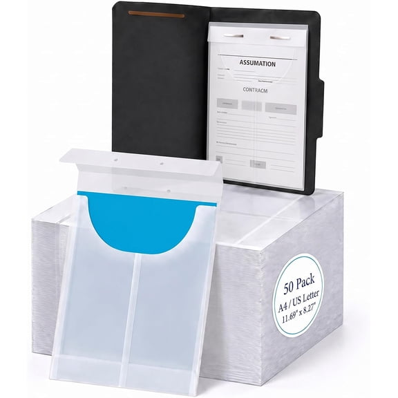 Engrowtic 50 Pack Clear Retention File Jackets, 3/4" Poly Expansion Document Organizer for Letter & Legal Size Fastener Folders, Heavy Duty Tear & Water Resistant, 9" W x 14" H