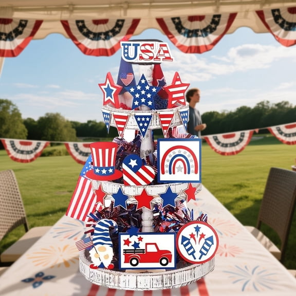 Enhance Home with 4th of July Decorations Tiered Tray Decor Patriotic Independence Day Memorial Day Party Solid Wood Sign National Anniversary Celebration Ornament for Festive Tabletop