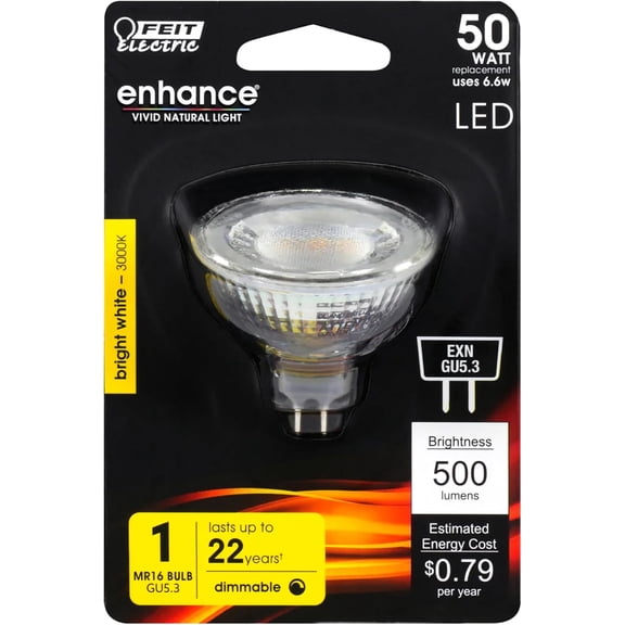 Enhance LED MR16 Reflector Light Bulb, 50W Equivalent, GU5.3 Base, 3000K Bright White, 500 Lumens, Dimmable, Indoor/Outdoor Use, 25,000-Hour Lifetime, BPEXN/930CA/6, 6 Pack