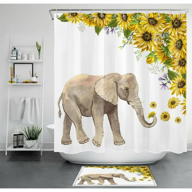 Enhance Your Bathroom with Elephant and Sunflower Shower Curtain Set