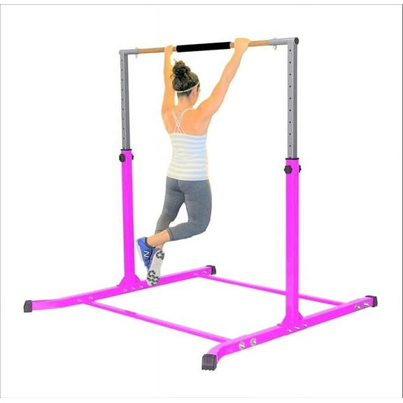 Enhance gymnastics skills with our 3-5FT height adjustable kip bar! Professional-grade, curved legs, cushioned high bar, 300 lbs capacity. Perfect for juniors. Get yours in Pink!