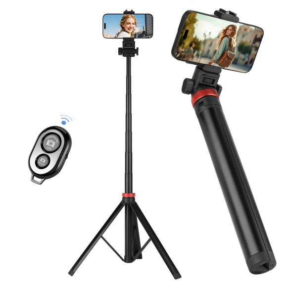 Enhanced 83.5" Mobile Phone Tripod with Remote, Adjustable Height, Sturdy Travel Base & Premium Mount for iPhone 17/15/14, Android, Camera