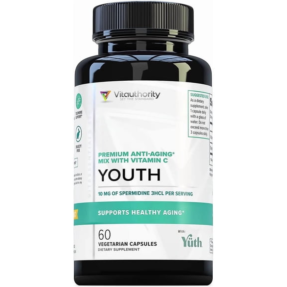 Vitauthority Pure Spermidine Dietary Supplement Capsules with Vitamin C for Men and Women, 60 Count