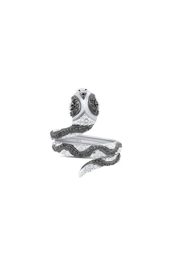 Enhanced Black Natural Diamond Accent Snake Ring For Women In 14K White Gold Plated 925 Sterling Silver (Color: Enhanced Black, Clarity: I2-I3, 0.02 Cttw) -7
