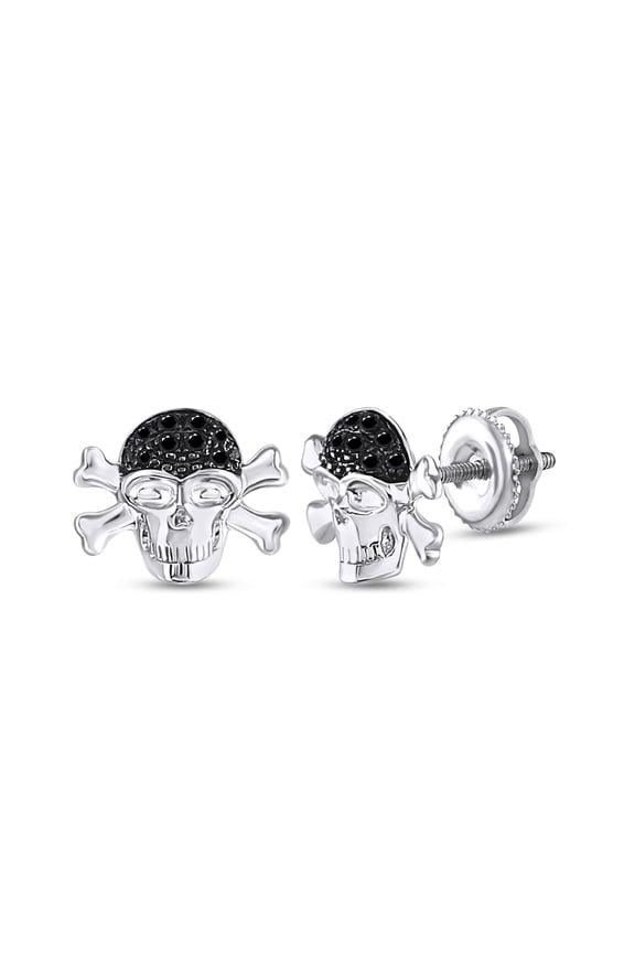 Enhanced Black Natural Diamond Round Cut Pirate Skull Crossbones Stud Earrings In 14k Gold Plated 925 Sterling Silver (0.10 Cttw, I2-I3 Clarity)