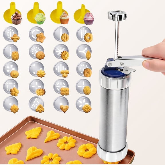 Enhanced Cookie Press Set, Spritz Cookie Press Gun Kit with Discs & Tips, Stainless Steel Baking Tool for Cookies Making, Cake Decoration & Gatherings