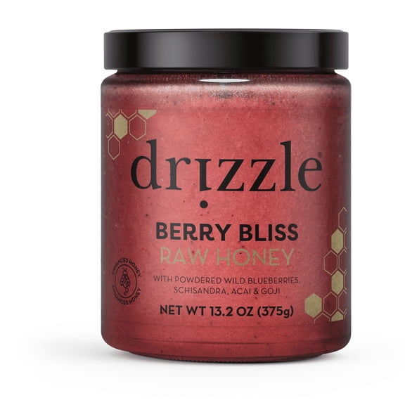 Drizzle Berry Bliss Raw Honey - All Natural Pure Raw Honey with Organic Blueberry, Unfiltered & Unheated, Use in Tea & Coffee, Sugar Substitute, Certified Kosher - 13.2 oz Jar (375 g)