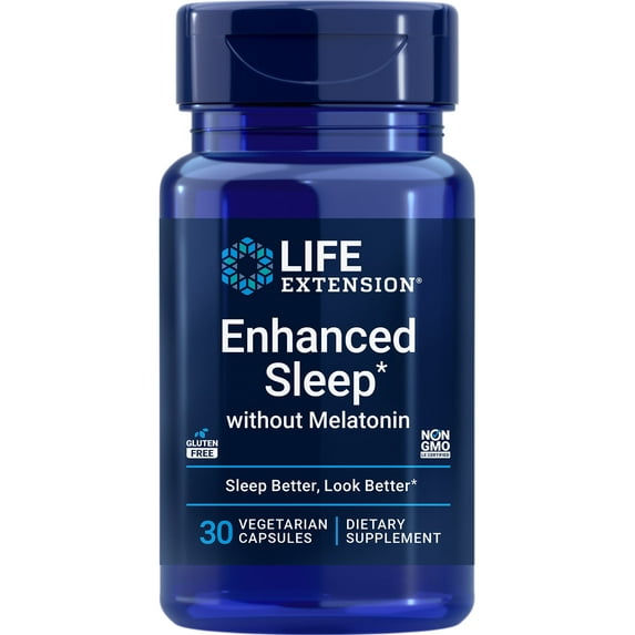 Life Extension Enhanced Sleep without Melatonin, ashwagandha, amla, casein milk peptides, melatonin-free supplement for sleep & stress support, gluten-free, non-GMO, vegetarian, 30 capsules