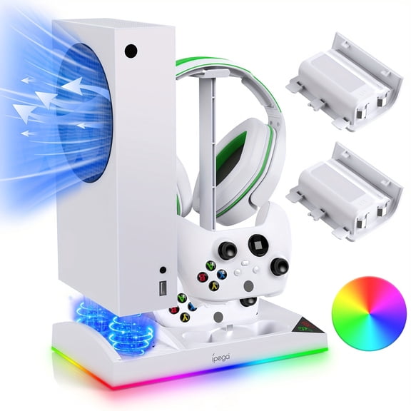 Enhanced RGB Cooling Fan Stand for The Xbox Series S, Featuring 15 Vibrant Lights, a Dual Controller Charging Dock, And a Cooling Base System, Complete with Two 1400Mah Rechargeable Batteries.