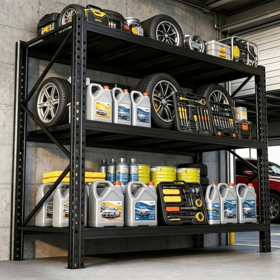 Enhanced Stability Garage Shelving, 5000LBS Upgraded Bracket Support, Reinforced Metal Storage Shelves for Basement Clutter Management, Black, 67"W x 20"D x 63"H, 3 Tier