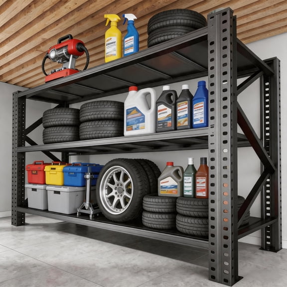 Enhanced Structure 3 Tier Garage Shelving, 5000LBS Heavy Bearing Utility Shelf, Space-Saving Metal Rack for Vertical Garage Storage, Black, 67"W x 20"D x 63"H