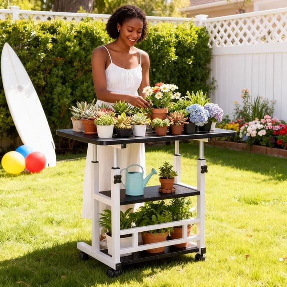 Enhanced Version Height Adjustable Metal Gardening Workbench with 4 Lockable Wheels, Multifunctional Rolling Plant Stand Table for Bedroom Office Patio Garden