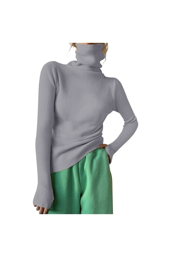 Sweaters for Women, Pullover Women Mock Neck Tops Turtleneck Ribbed Knit Sweater Top Thumb Hole Long Sleeve Solid Slim Fit Casual Knitted Jumper Winter Clothes Gray