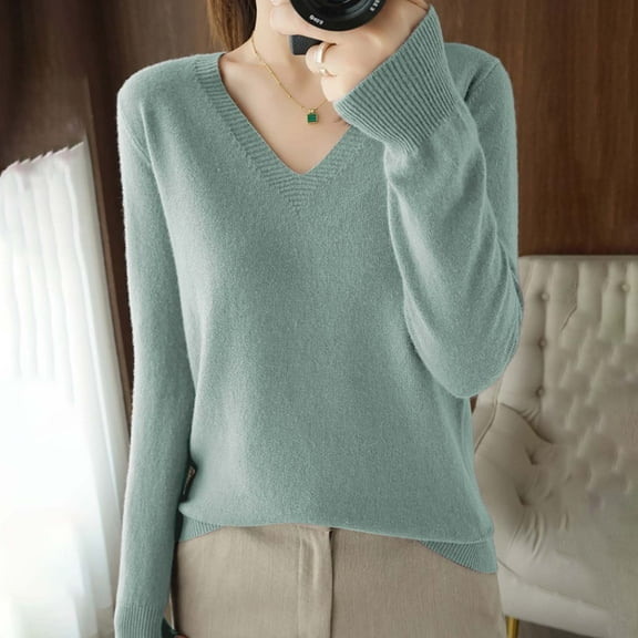 Enhedi Womens Sweaters, V Neck Sweaters for Women Light Sweaters for Women Long Sleeve Crew Neck Lightweight Soft Knitted Pullover Blouse Green