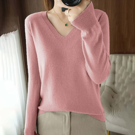 Enhedi Womens Sweaters, V Neck Sweaters for Women Light Sweaters for Women Long Sleeve Crew Neck Lightweight Soft Knitted Pullover Blouse Pink