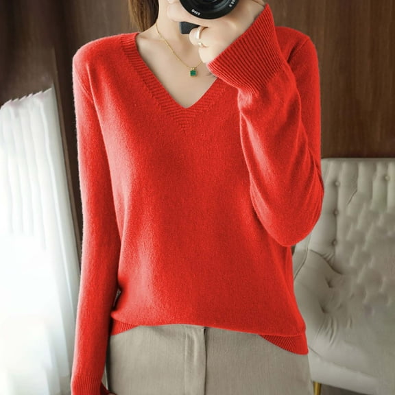 Enhedi Womens Sweaters, V Neck Sweaters for Women Light Sweaters for Women Long Sleeve Crew Neck Lightweight Soft Knitted Pullover Blouse Red