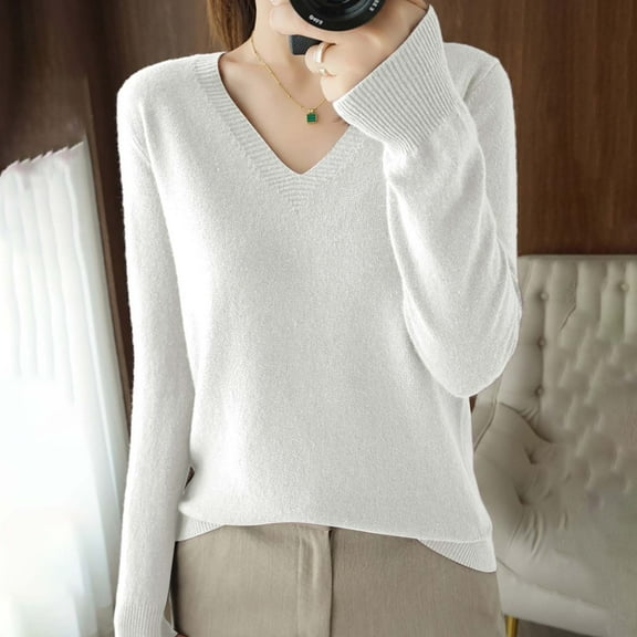 Enhedi Womens Sweaters, V Neck Sweaters for Women Light Sweaters for Women Long Sleeve Crew Neck Lightweight Soft Knitted Pullover Blouse White