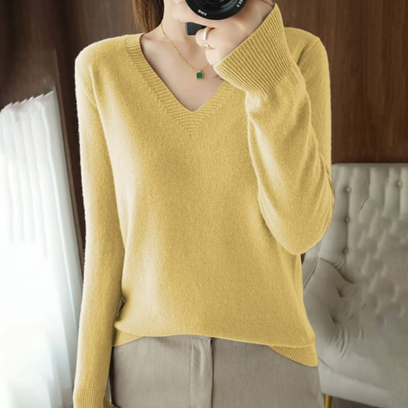 Enhedi Womens Sweaters, V Neck Sweaters for Women Light Sweaters for Women Long Sleeve Crew Neck Lightweight Soft Knitted Pullover Blouse Yellow
