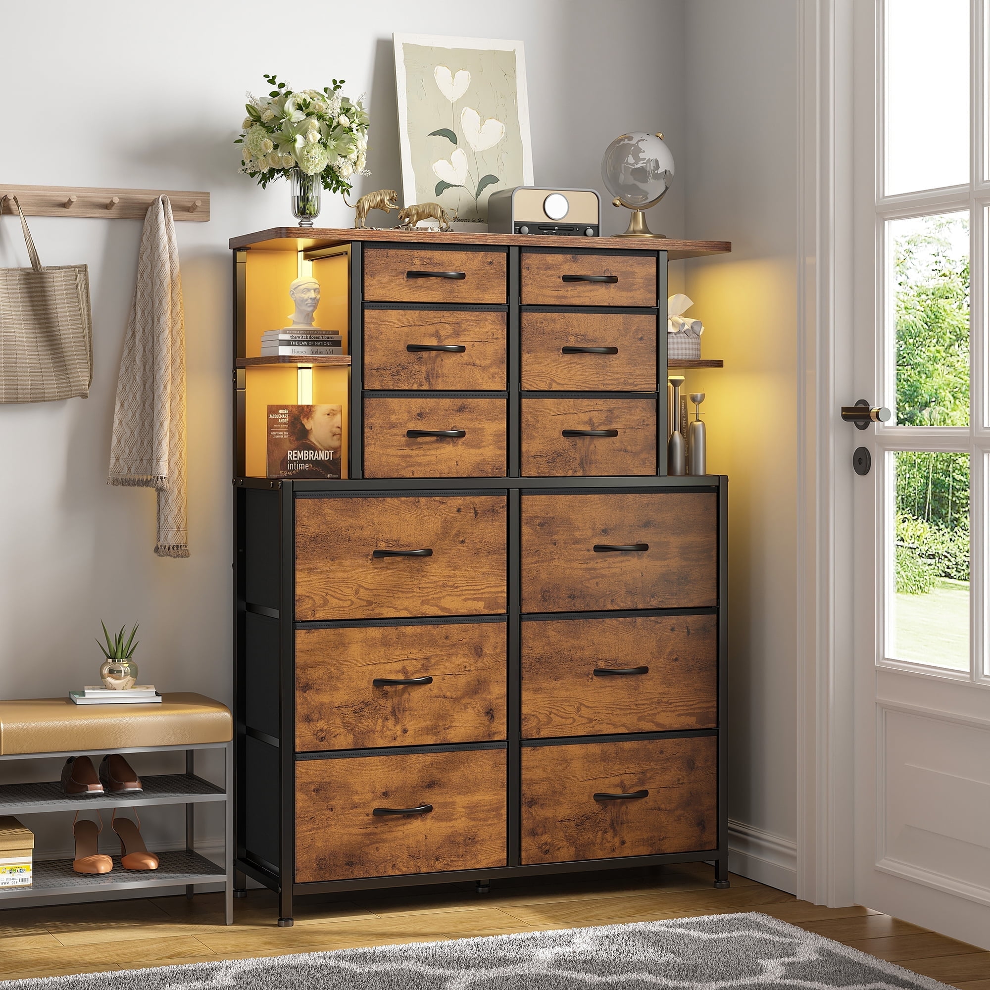 Enhome dresser for Bedroom Dresser with LED Lights Fabric Dressers & Chests  of Drawers with 12 Drawers & Open Shelves - Walmart.com