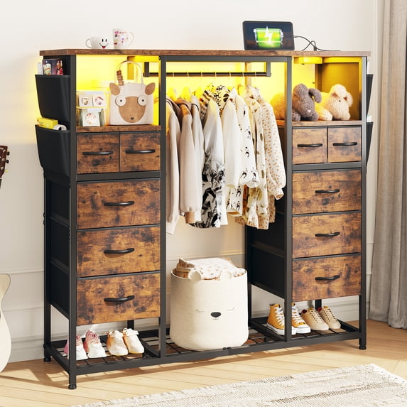 Enhomee 10 Drawers Dresser for Bedroom with Hanging Rack Storage Cabinet with Led Lights & Charging Station, Rustic Brown