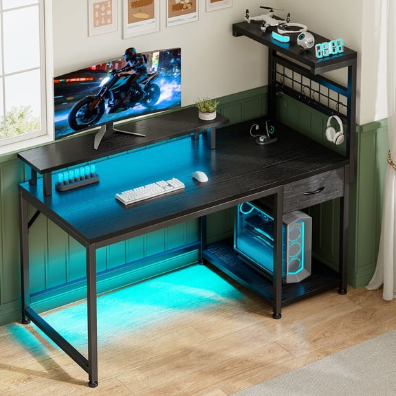 EnHomee 39.4“ WDesk with Power Outlets & Hutch Homing Desk for Small Space Computer Desk with Storage Shelves,Black