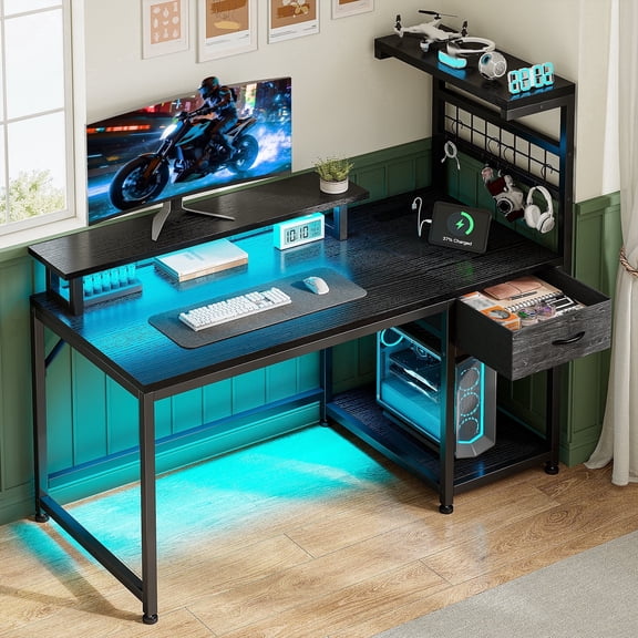 EnHomee 39.4“ WDesk with Power Outlets & Hutch Homing Desk for Small Space Computer Desk with Storage Shelves,Black