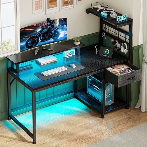 EnHomee 39.4“ WDesk with Power Outlets & Hutch Homing Desk for Small Space Computer Desk with Storage Shelves,Black