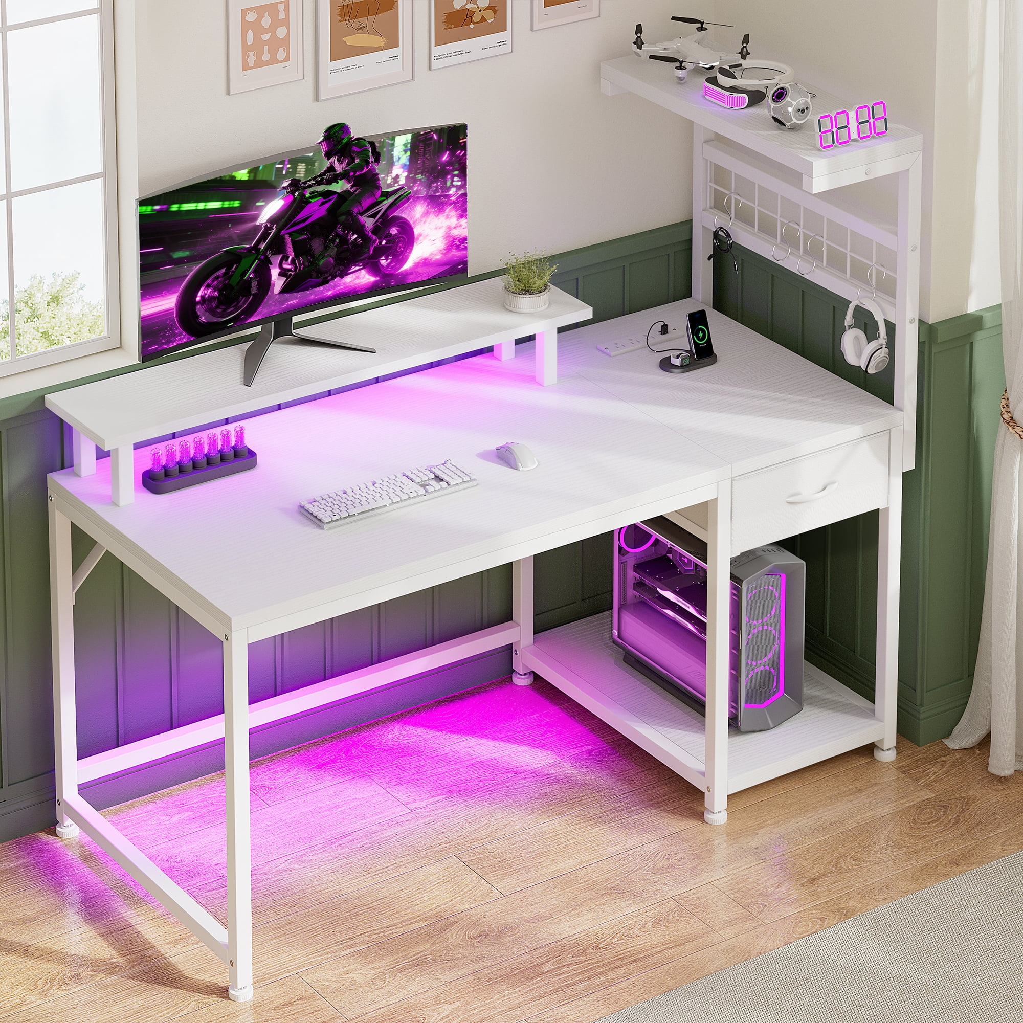 EnHomee 39.4" W Gaming Desk with LED Light Coner Desk with Drawers PC Desk with Reversible Shelves, White